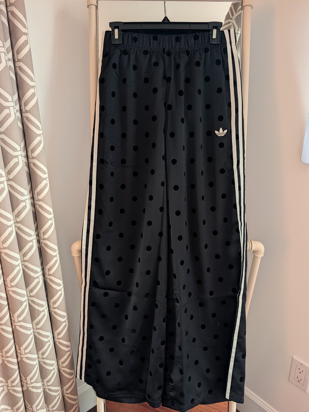 NWT: Adidas Kids' Black Polka Dot Track Pants with White Stripes